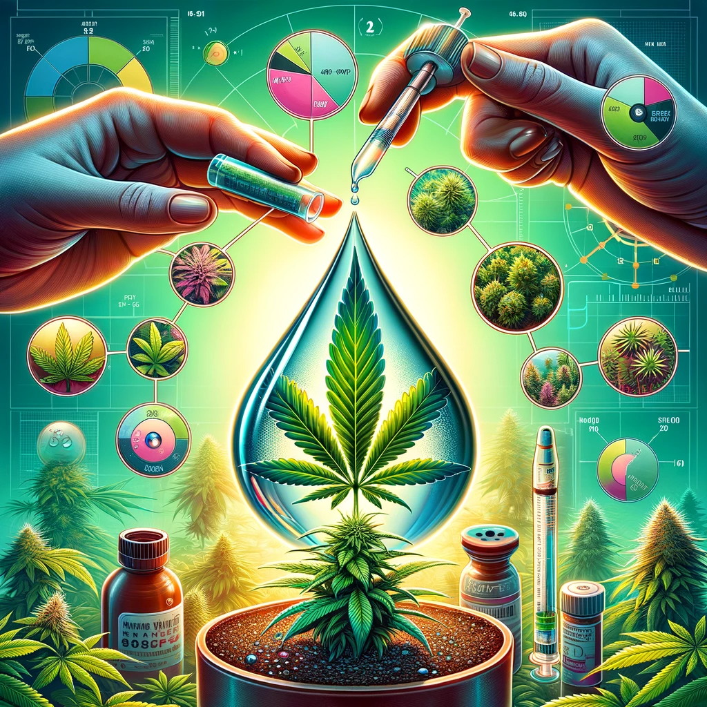 A vibrant and detailed illustration that captures the essence of a thriving cannabis garden. It shows a pair of hands nurturing a young cannabis plant with extreme care, embodying the first tip - 'Start with Quality Genetics'. The background is a collage of various cannabis leaves, subtly indicating the diversity of strains. There is a focus on the healthy green color of the plant, with a soft, sunlit background suggesting an ideal growing environment.
