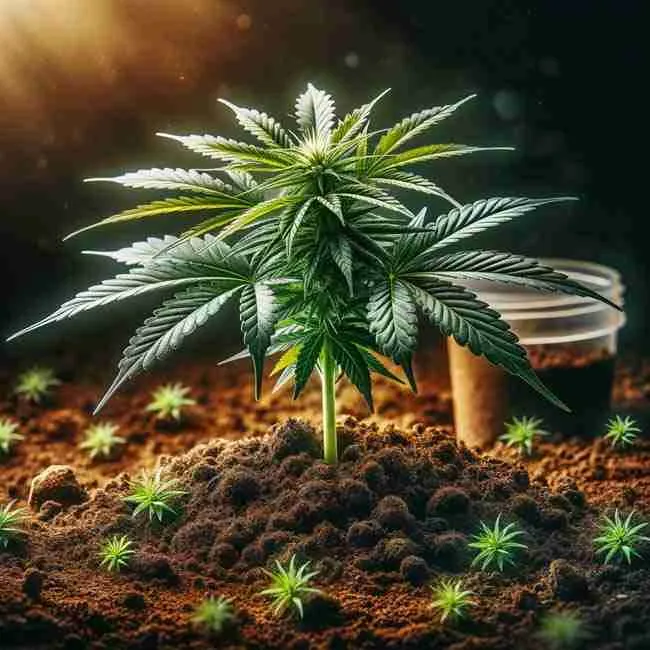 A vibrant cannabis plant thriving in soil enriched with organic calcium, showcasing strong stems and flourishing leaves.