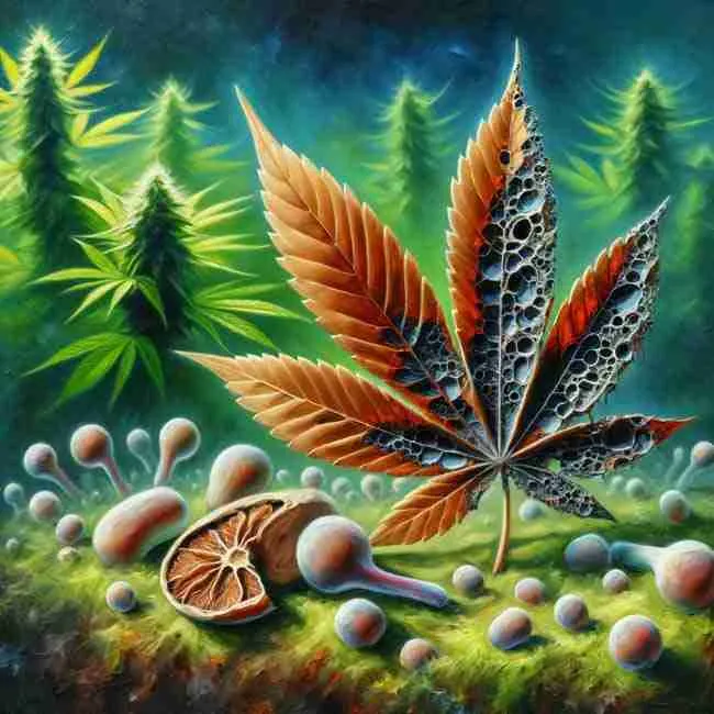 Oil painting of a close-up of a decomposing leaf, symbolizing organic nitrogen release, with cannabis plant silhouettes in the background.