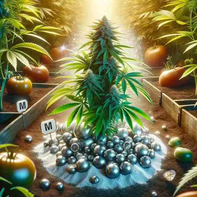 An artistic representation of a flourishing cannabis plant in a garden enriched with organic magnesium, signifying the vital role of this mineral in cannabis cultivation.