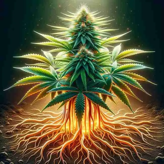 A young auto-flowering cannabis plant emerging from nutrient-rich organic soil. The presence of small earthworms emphasizes the organic nature.