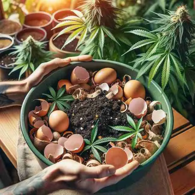A photo showcasing hands actively mixing various organic materials such as compost, eggshells, and banana peels in a large container, with a cannabis plant present in the backdrop.