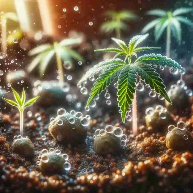 A close-up image that captures droplets of water permeating nutrient-rich organic soil, with young cannabis seedlings making their appearance.