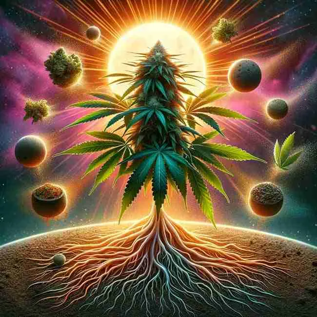 An artistic portrayal of the sun bestowing its nourishment on a cannabis plant, while its roots eagerly absorb nutrients from a concoction of organic fertilizers.