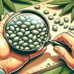 An illustration of a hand examining the 'Green Avenger' cannabis seeds with a magnifying glass, highlighting the unique characteristics of the strain.