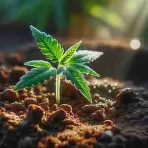 A photo capturing a young cannabis seedling, symbolic of the 'Green Avenger' strain, bathed in the soft light of the morning sun.