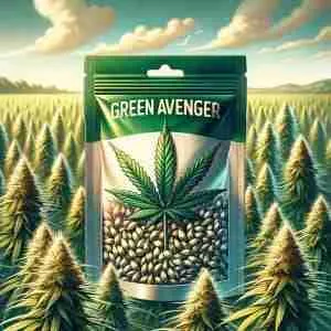 An illustration featuring a seed packet with 'Green Avenger' cannabis seeds, set against a backdrop of a lush cannabis field.