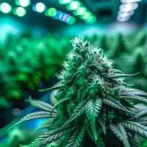 Photo-of-a-close-up-view-of-a-Green-Avenger-cannabis-bud-displaying-its-intricate-trichomes-and-vibrant-green-coloration.-The-background-blurs-out-