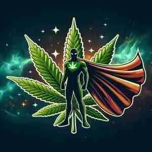 An imaginative illustration of a cannabis leaf donned with a superhero cape against a cosmic, star-filled background, representing the prowess of the 'Green Avenger' strain.