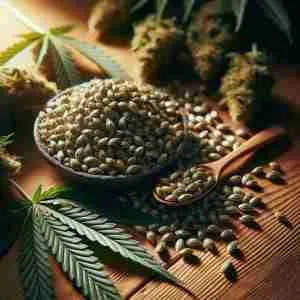 A photo capturing 'Green Avenger' cannabis seeds elegantly spread on a wooden surface, complemented by mature cannabis leaves.
