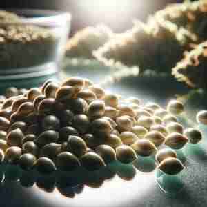 A photo presenting 'Green Avenger' cannabis seeds elegantly set on a glass surface, illuminated to accentuate their quality.