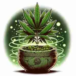 A captivating illustration of the 'Green Avenger' cannabis plant, rooted in an ancient pot and drawing energy from glowing orbs, symbolizing its potency.