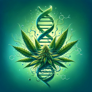 A compelling illustration that intertwines the 'Green Avenger' cannabis plant with a DNA helix, signifying the strain's unique genetic makeup.