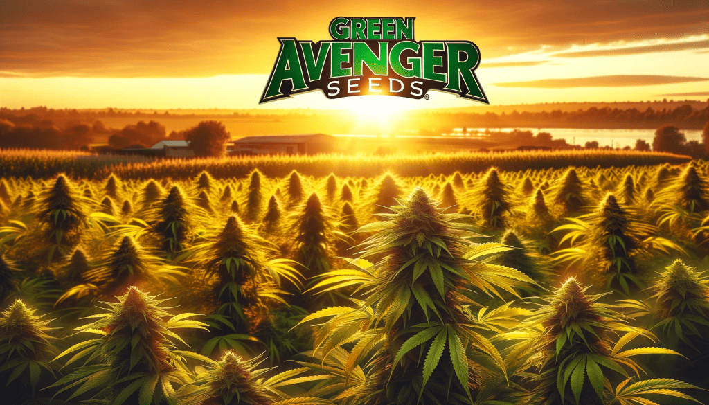 A breathtaking photo of a verdant cannabis field bathed in the glow of a golden sunrise.