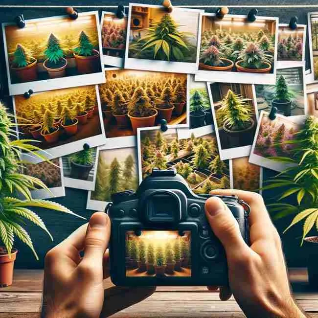 A collage of cannabis plants at various growth stages, symbolizing growers' shared journeys, with a camera capturing the lifecycle of cultivation.