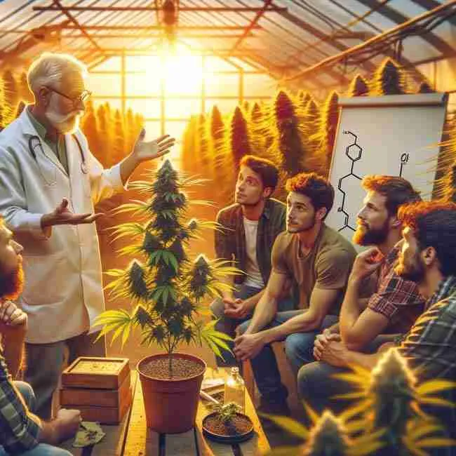 A greenhouse scene where a breeder is educating a group of growers about cannabis genetics, emphasizing mentorship and knowledge sharing, with educational tools like a whiteboard in the background.