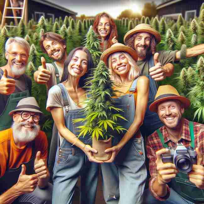 A diverse group of growers in a community garden, each displaying their healthy cannabis plants, capturing the moment of pride and accomplishment, ready to share their stories of growth.