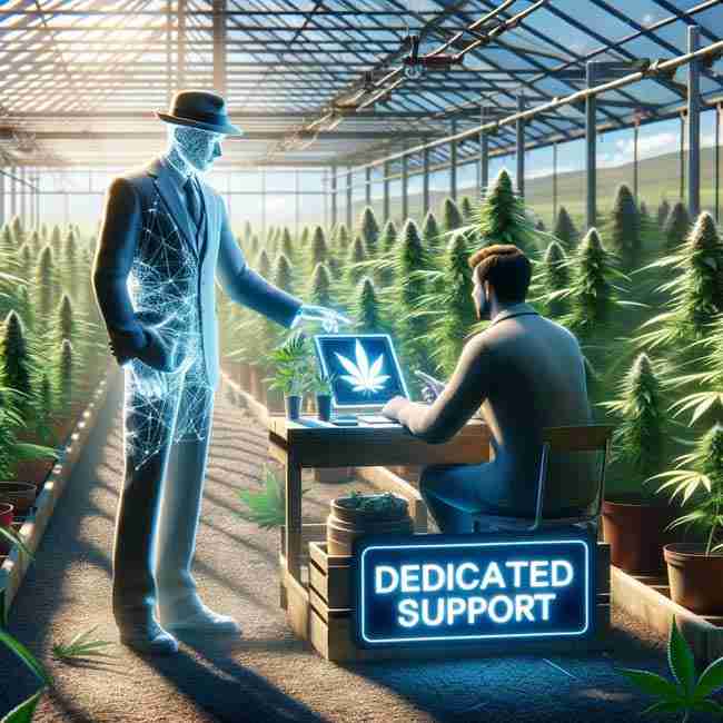 A customer service representative in a greenhouse, guiding a grower, illustrating trust and expertise in cannabis cultivation support.