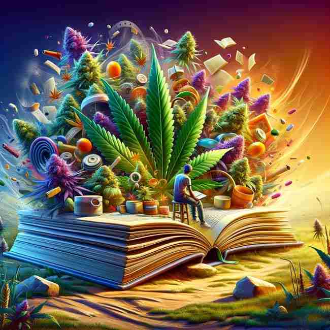 A book or blog page bursting with cannabis plants, tips, and insights, with a person interacting, symbolizing a vibrant journey of learning in cannabis cultivation.