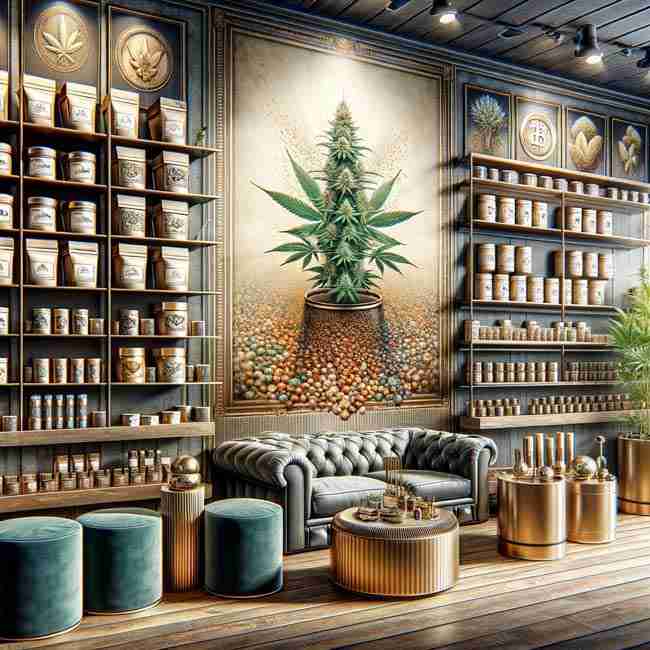 An elegant seed bank setting with shelves showcasing various cannabis seed packets, each representing different strains, with subtle hints of modern payment options like digital wallets and crypto coins.