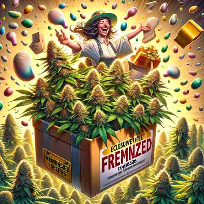 A joyful scene of feminized seeds bursting from a gift box, surrounded by a grower and thriving cannabis plants, capturing the excitement of exploring new strains