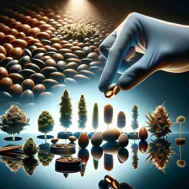 An array of diverse cannabis seeds artistically arranged, with a gloved hand placing seeds in a row, highlighting the precision and care in their selection.