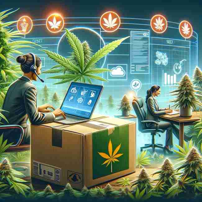 A scene combining various aspects of comprehensive cannabis seed services: discreetly delivered packages, a customer service representative offering support, and high-quality cannabis plants.