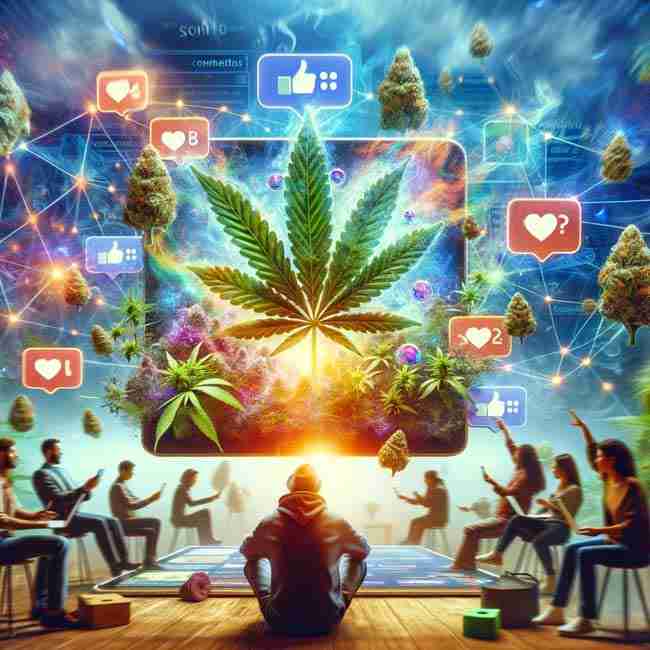 A vibrant scene depicting a person interacting with a digital screen filled with cannabis-related content, symbolizing active engagement in a social media community focused on cannabis cultivation.