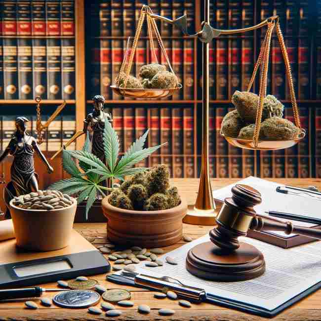 A courtroom or legal setting merged with cannabis seed selling, featuring legal documents, symbols of law, and cannabis seeds presented as novelty items, emphasizing legal compliance in cannabis cultivation.
