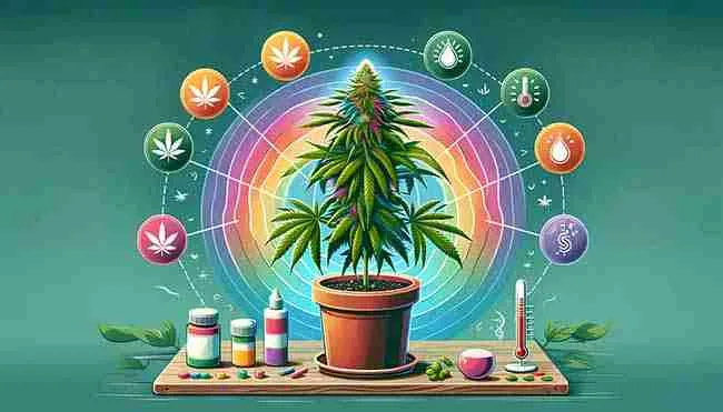 image illustrating a cannabis plant during its flowering stage, not developing a strong smell. The visual cues in the scene, including a small nutrient bottle, a dim light bulb, and a thermometer indicating high temperatures, subtly highlight the factors such as lack of nutrients, improper lighting, and heat stress that might be contributing to the plant's lack of fragrance.
