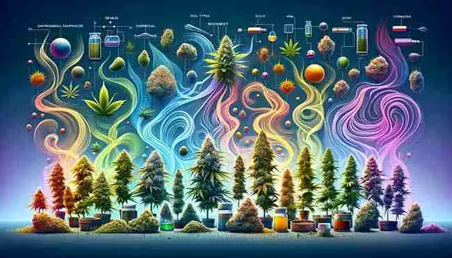 image that visualizes why different types of cannabis have diverse smells. It features an assortment of cannabis plants, each with a unique visual representation of its scent, highlighting the impact of genetic diversity and environmental factors on their terpene profiles and aroma bouquet.