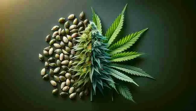 A picture of cannabis seeds and flowering cannabis showing their different smell profiles