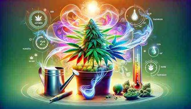 image showing a cannabis plant in an ideal growing environment, symbolizing how optimizing growing conditions can enhance the plant's aroma. The visual cues include a watering can, a balanced humidity indicator, and a thermometer set to an optimal range, all contributing to the vibrant and lush appearance of the plant, which is further emphasized by bright, colorful auras symbolizing its enriched aroma.
