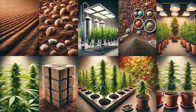 image representing various aspects of cannabis cultivation, including different growing mediums and methods