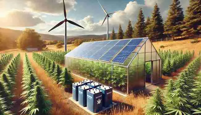 Off-grid cannabis greenhouse with solar panels and a small wind turbine in a rural setting, emphasizing renewable energy and sustainability.