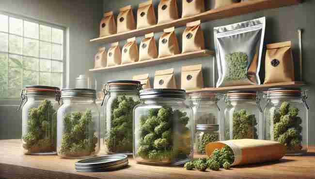 Image of glass jars with airtight lids, neatly arranged on a wooden surface, filled with fresh cannabis buds in a clean, softly lit room.