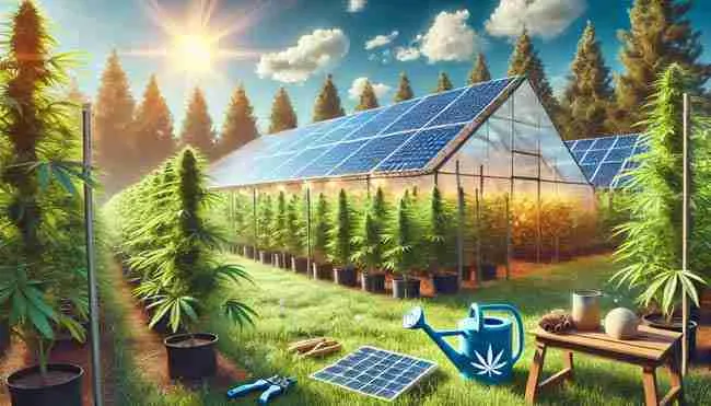 A solar-powered cannabis grow operation with solar panels and a greenhouse surrounded by vibrant greenery under a clear blue sky.