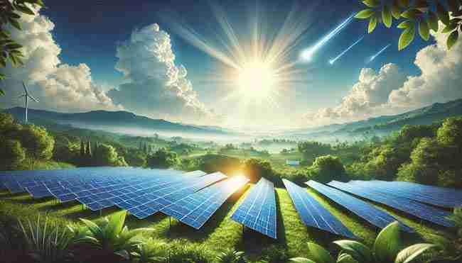 Solar panels in a green field capturing sunlight, symbolizing renewable energy, with a bright sunny sky and vibrant natural surroundings.