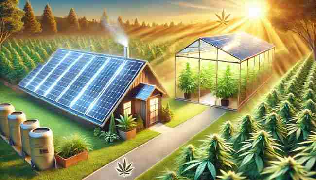 Solar panels on a rooftop near a glowing cannabis greenhouse, symbolizing energy efficiency and sustainability in indoor growing.