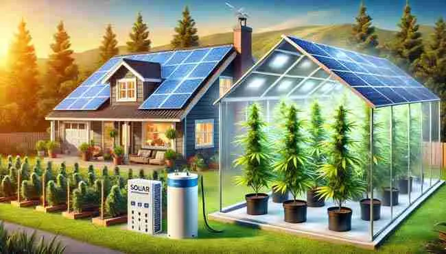 A cannabis greenhouse powered by solar panels with a glowing interior, a battery storage unit, and a home in the background highlighting sustainability and energy independence.