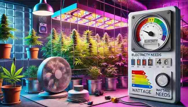 An indoor cannabis grow room with LED grow lights, exhaust fans, and climate control equipment, emphasizing power usage for various devices.