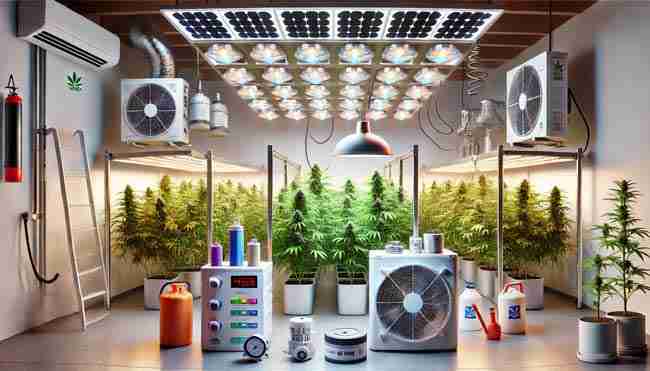 A solar-powered cannabis grow room with LED grow lights, an exhaust fan, air conditioner, and other essential equipment for sustainable cultivation.