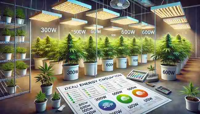 A cannabis grow room with LED lights of various wattages, highlighting power usage calculations and efficient energy planning for different growth stages.
