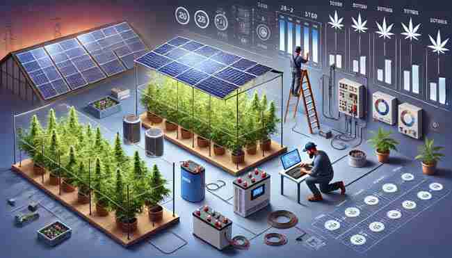 A detailed setup of a solar-powered cannabis grow system with panels, battery storage, an inverter, and a technician wiring components for efficient energy use.