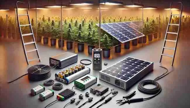 Essential equipment for a solar-powered grow room, including solar panels, mounting hardware, a charge controller, lithium-ion batteries, an inverter, and cables.
