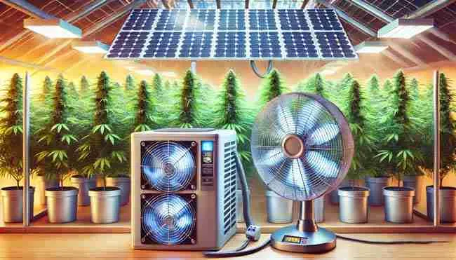 Solar-powered fans, including a large exhaust and smaller circulation fans, operating in a cannabis grow room with vibrant plants and efficient energy use.