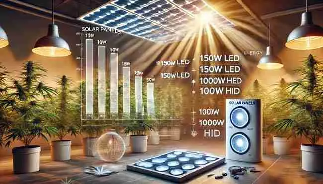 Solar panels under bright sunlight with LED grow lights inside a cannabis grow room and a chart showing wattage and energy requirements for efficient planning.