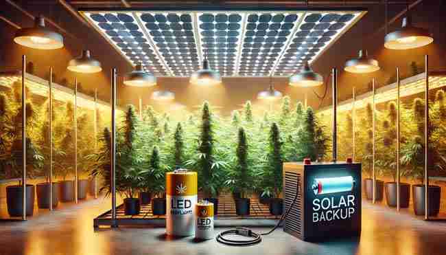 A cannabis grow room with LED grow lights powered by solar panels on a sunny rooftop, featuring a battery backup for energy storage during nighttime or cloudy conditions.