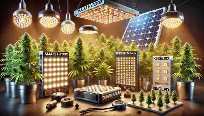 Cannabis plants under energy-efficient LED grow lights, including Mars Hydro, Spider Farmer, and KingLED, powered by solar panels for sustainable cultivation.