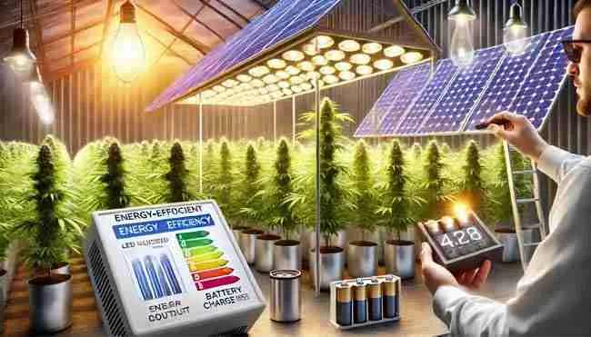 A solar-powered cannabis grow room with energy-efficient LED lights, insulation, monitoring equipment, and solar panels capturing sunlight for sustainability